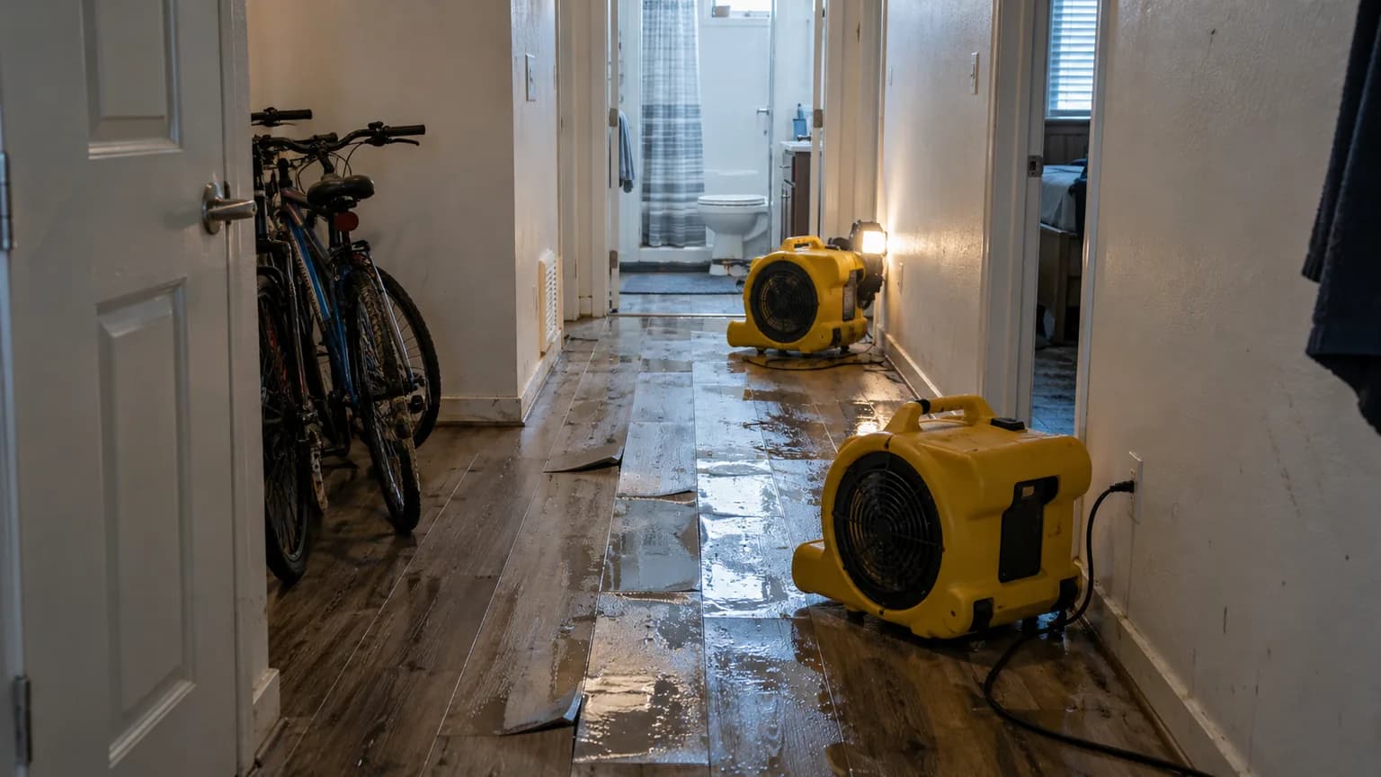 A water-damaged student apartment hallway with air movers running near Texas State in San Marcos, TX