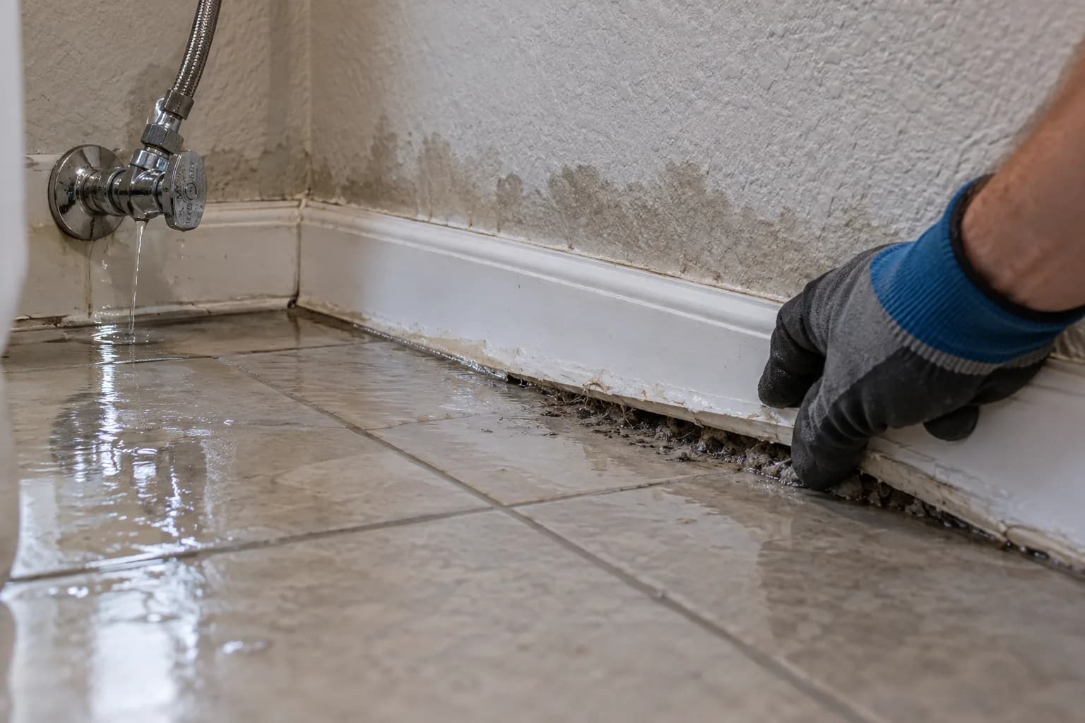 Clean supply-line leak spreading under a dusty baseboard and darkening the drywall in a San Marcos home