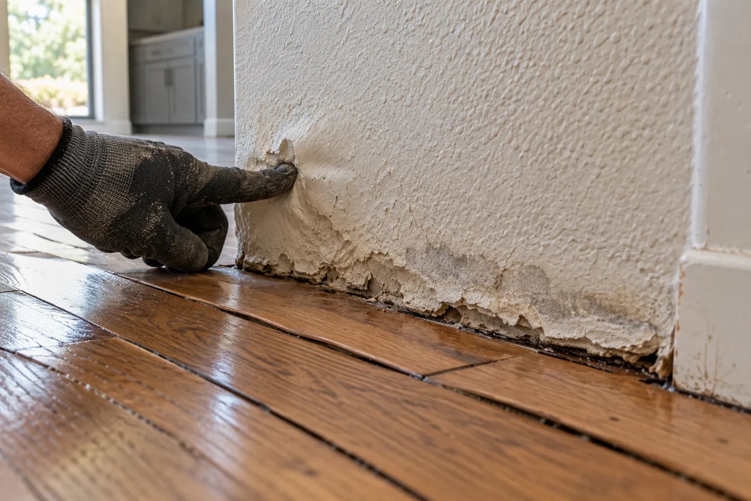 Swollen crumbling drywall base and cupped hardwood planks, secondary water damage that structural drying prevents