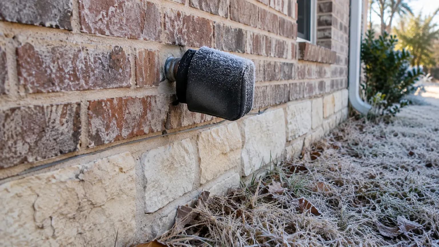 An insulated foam cover on an outdoor faucet against a brick wall during a hard freeze in Texas