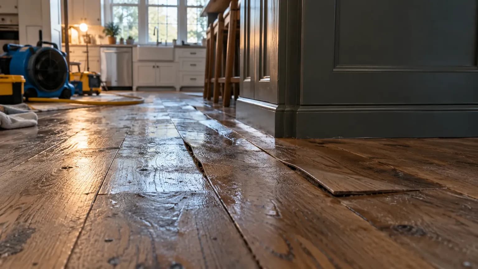 Cupped and lifting hardwood floor boards after a slow water leak in a Texas home