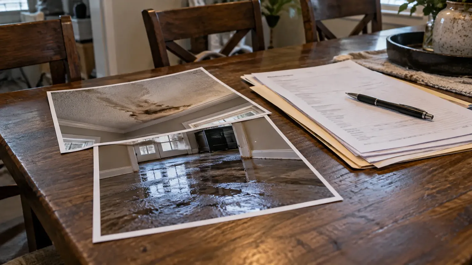 Printed photos of water damage and a folder of paperwork on a table for a Texas insurance appeal