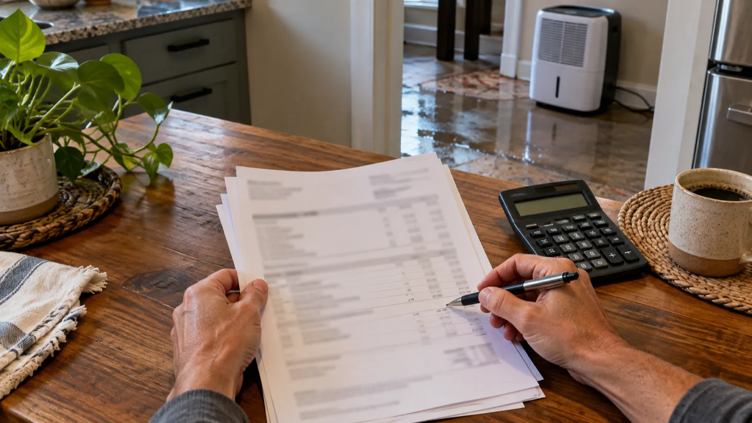 A homeowner's hands reviewing a printed water damage estimate on a kitchen table in Texas
