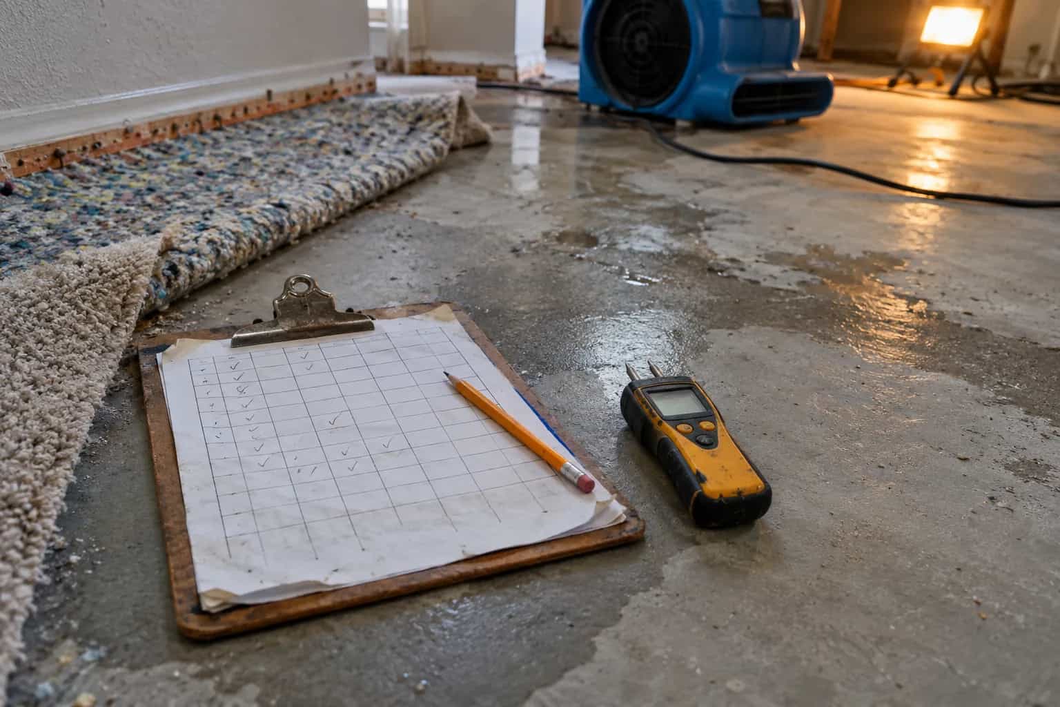 Moisture readings log on a clipboard beside a pin meter on a bare concrete slab in a San Marcos, TX home