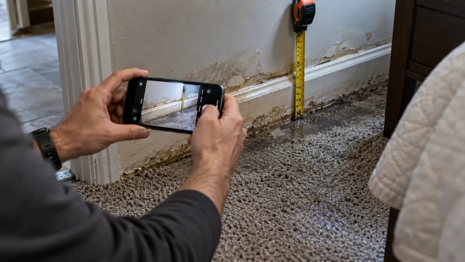 Phone photographing a water-stained baseboard and wet carpet for an insurance claim in Texas