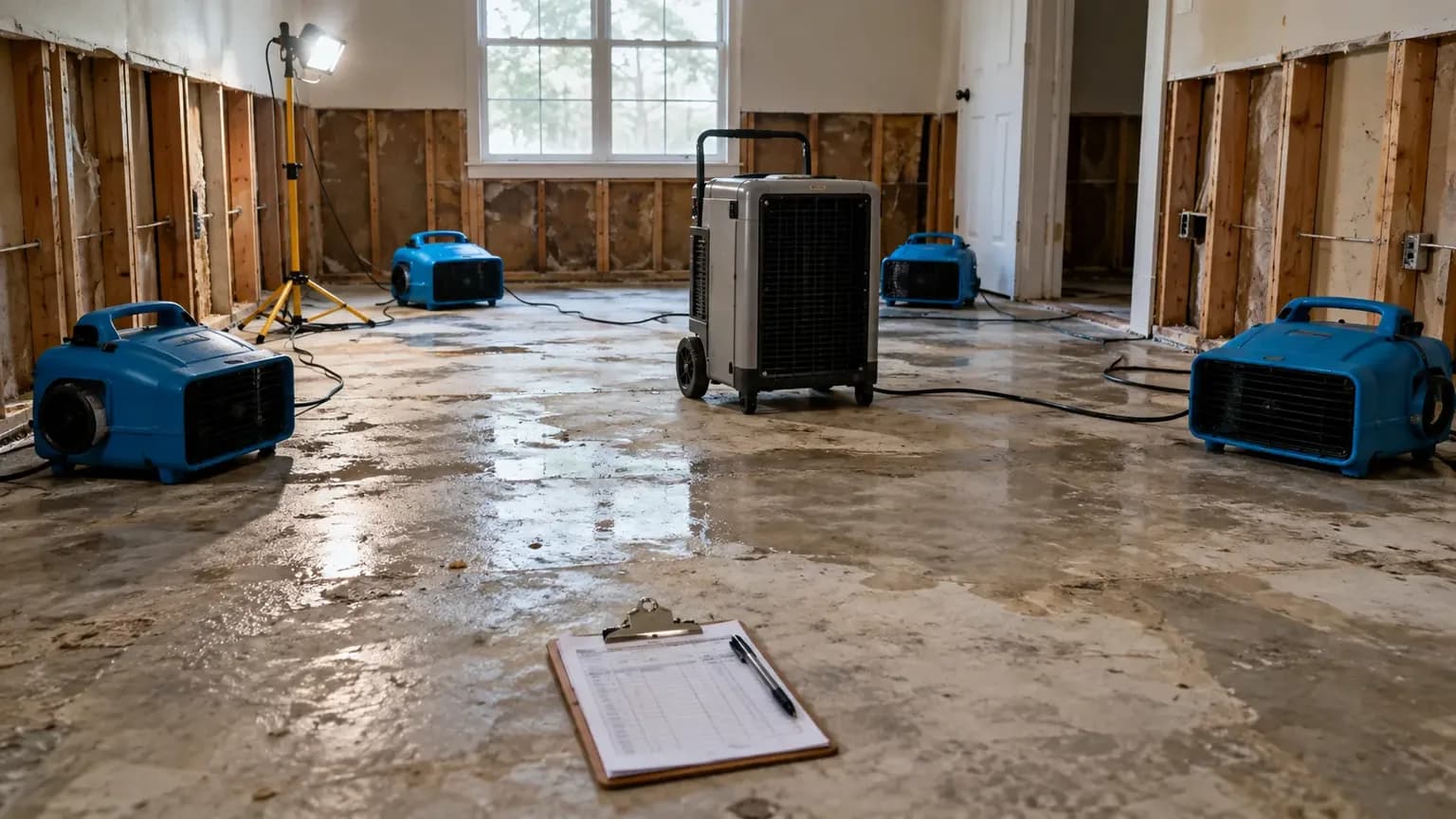 Drying equipment and a moisture log in a San Marcos, TX room, the main cost drivers of water damage repair
