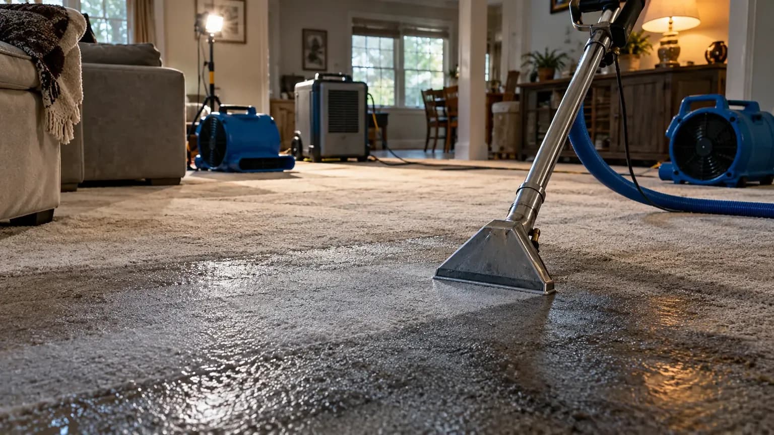 Extraction, air movers and a dehumidifier working through the water damage restoration process in a Texas home