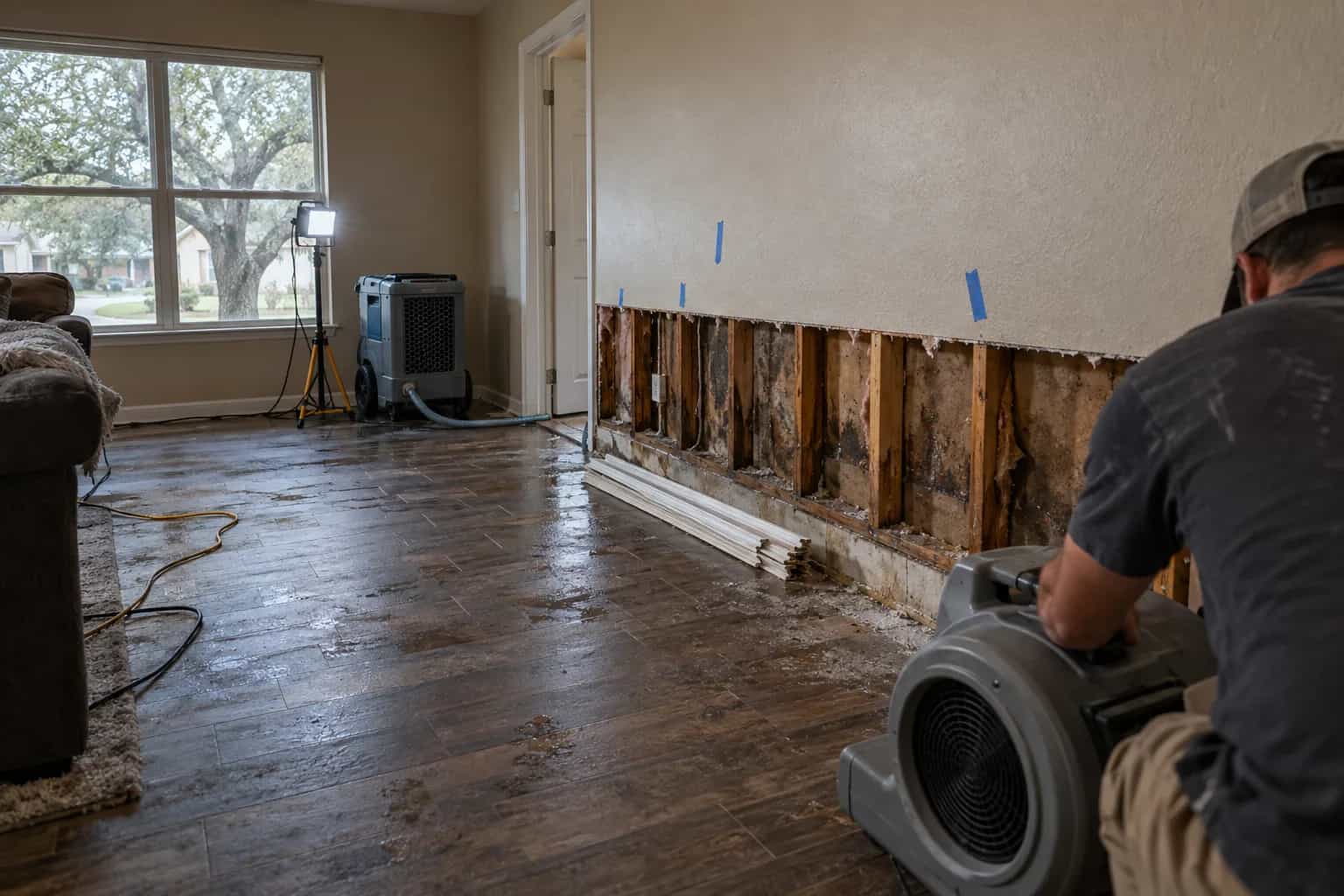 Air movers and a dehumidifier drying a flood-cut living room wall in a San Marcos, TX home