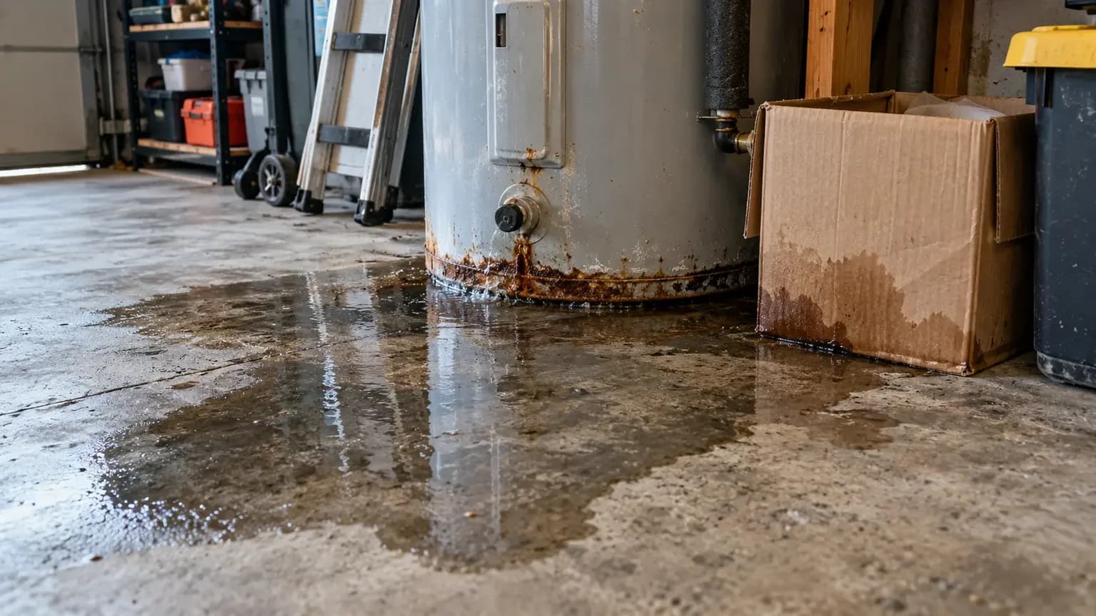 Water spreading across a garage floor from the base of a leaking water heater in Texas