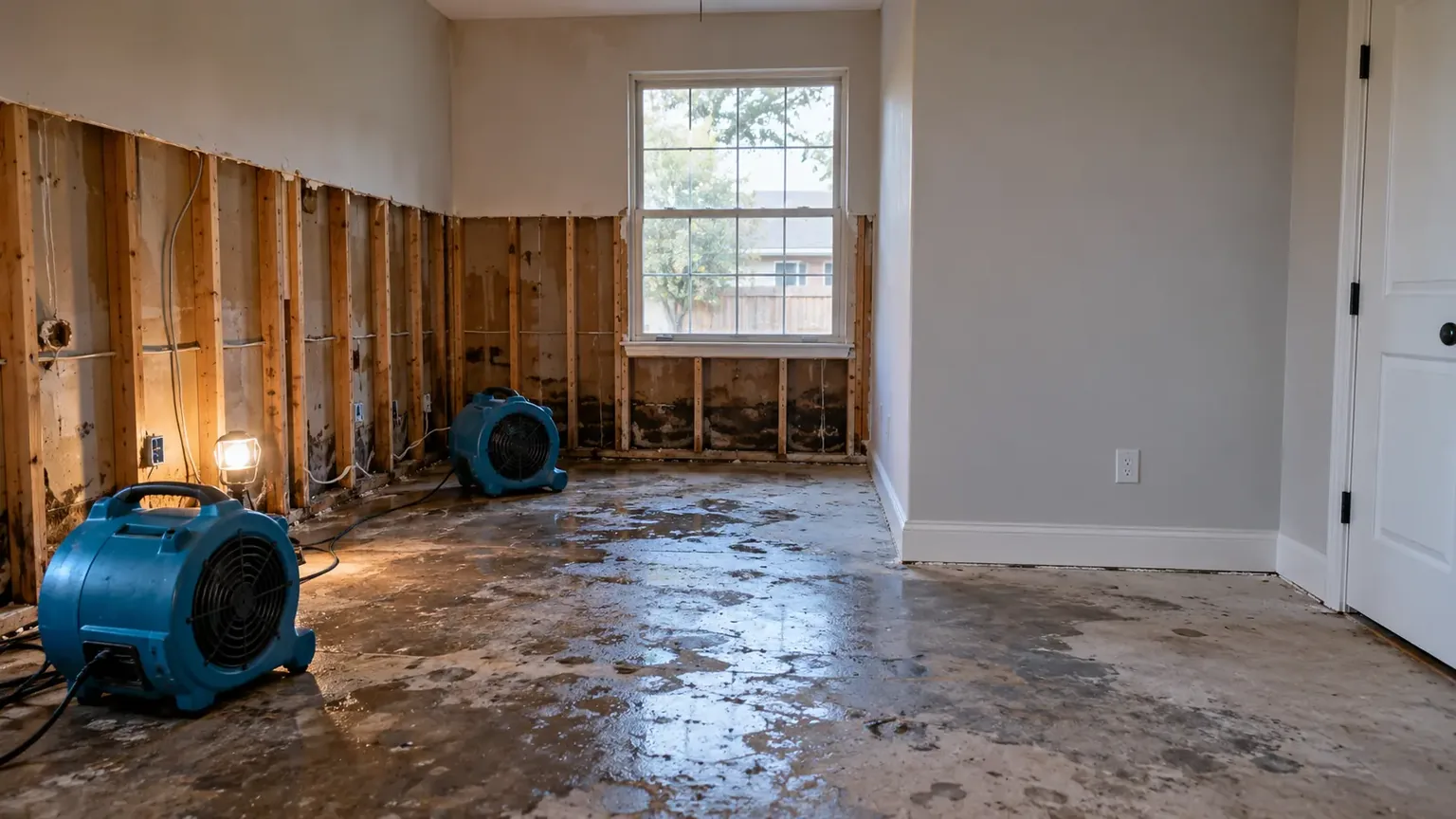 Air movers drying a stripped wall beside a finished, rebuilt section of the same room