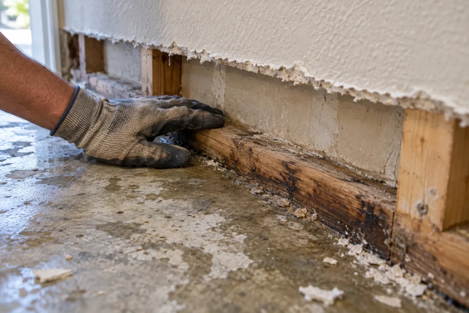 Baseboard pulled back to show a wet wall bottom plate on a concrete slab, the slowest part of water damage drying