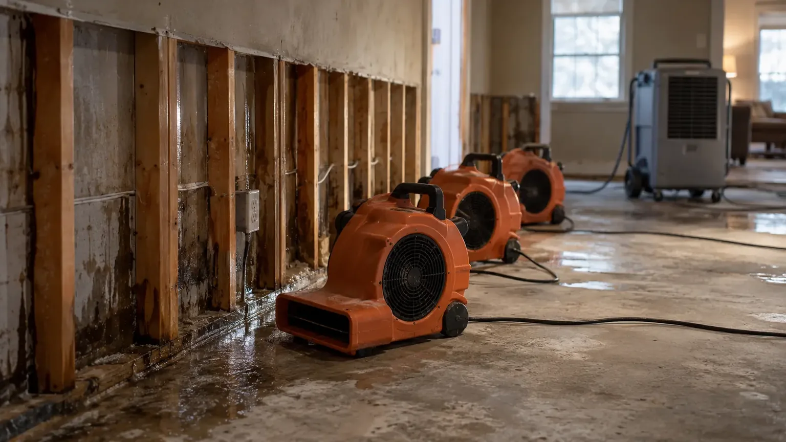 Air movers angled at exposed studs during structural drying in a Texas home