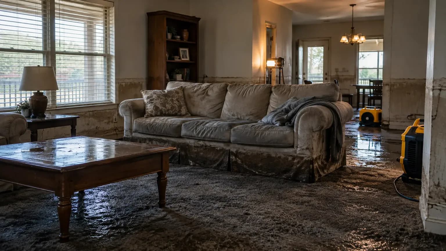 A living room with soaked carpet and a waterline on the walls after a Central Texas house flood