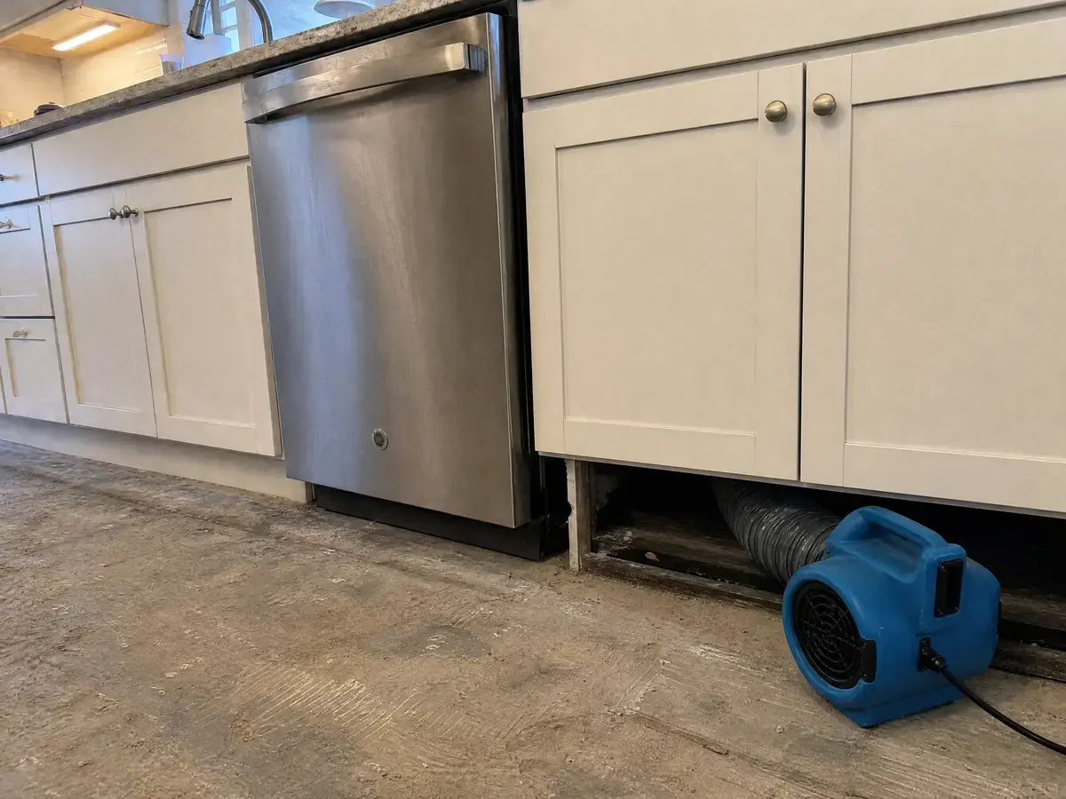 The same kitchen with the cupped flooring removed to subfloor, the kick space panel off and an air mover ducted into the cavity, cabinets still in place.
