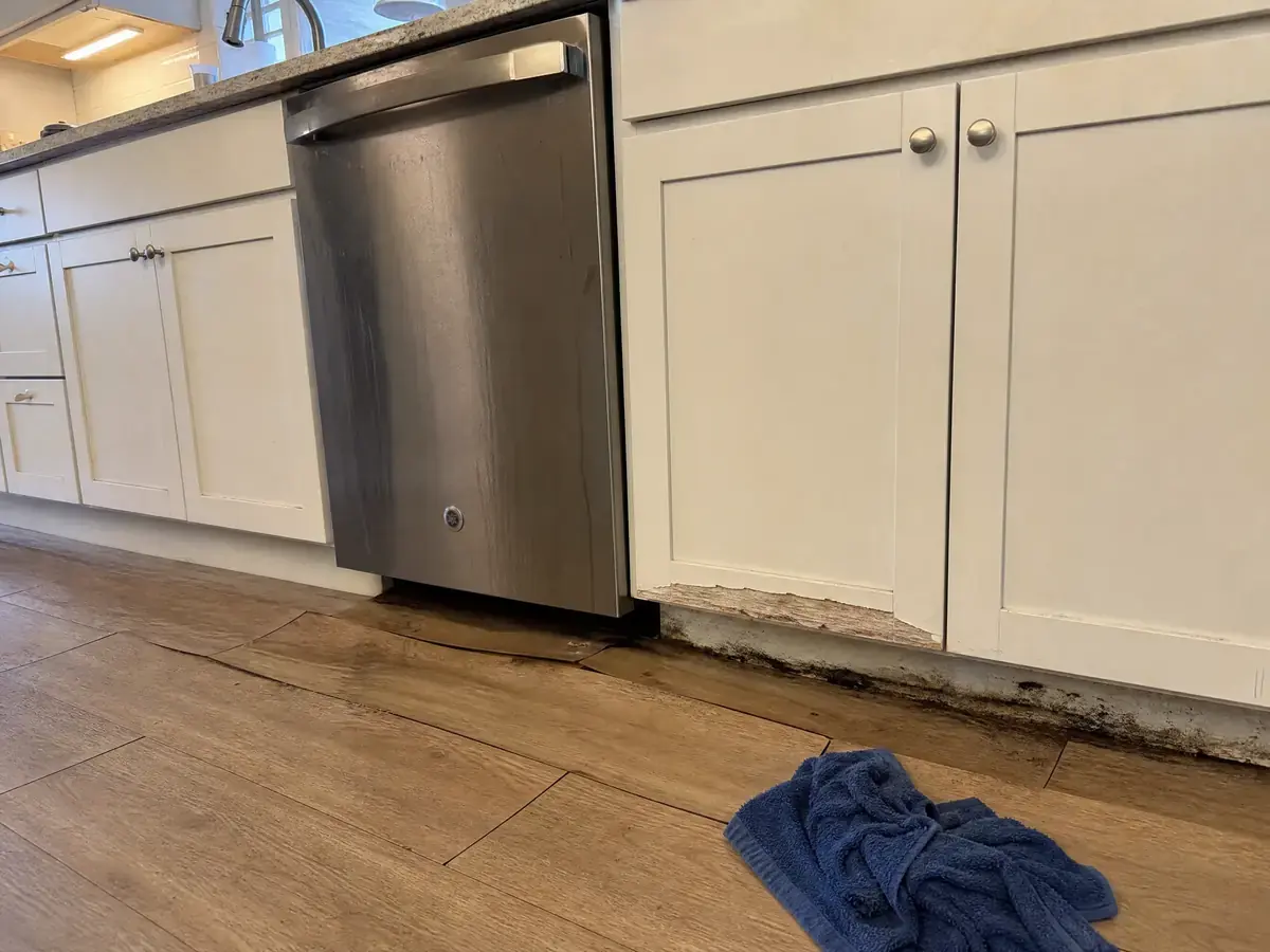 Kitchen floor in front of a dishwasher with badly cupped and swollen planks, a delaminating cabinet bottom rail and a dark stain creeping under the kick space.