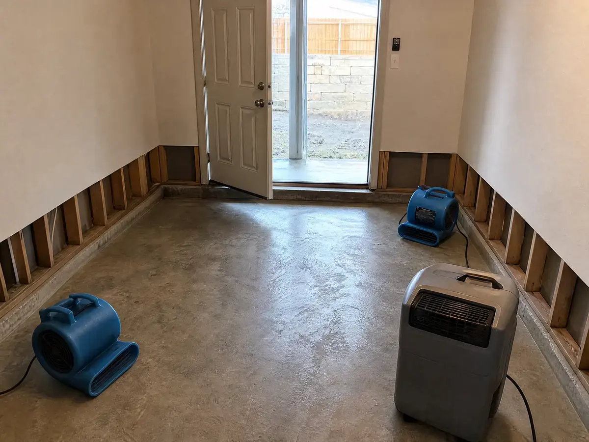 The same room washed back to clean slab with drywall cut above the old tide line, treated framing exposed and drying equipment running.