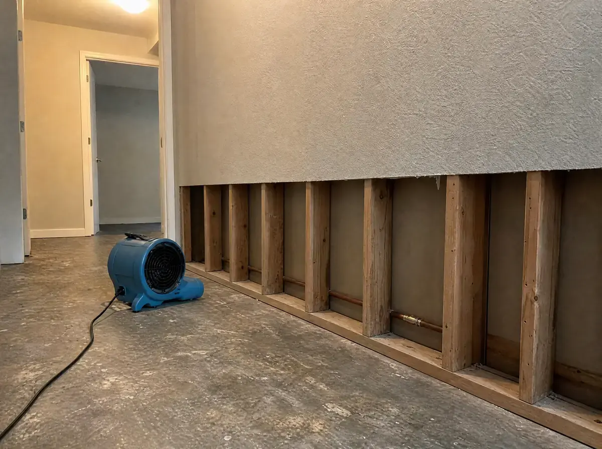 The same hallway with the wet drywall cut out in a rectangular opening, dry studs and a repaired copper joint visible, and an air mover aimed into the cavity.