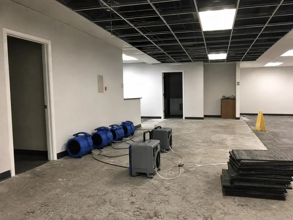 The same suite with carpet tiles lifted and stacked aside, bare slab exposed, open ceiling grid and a row of air movers with two dehumidifiers running.