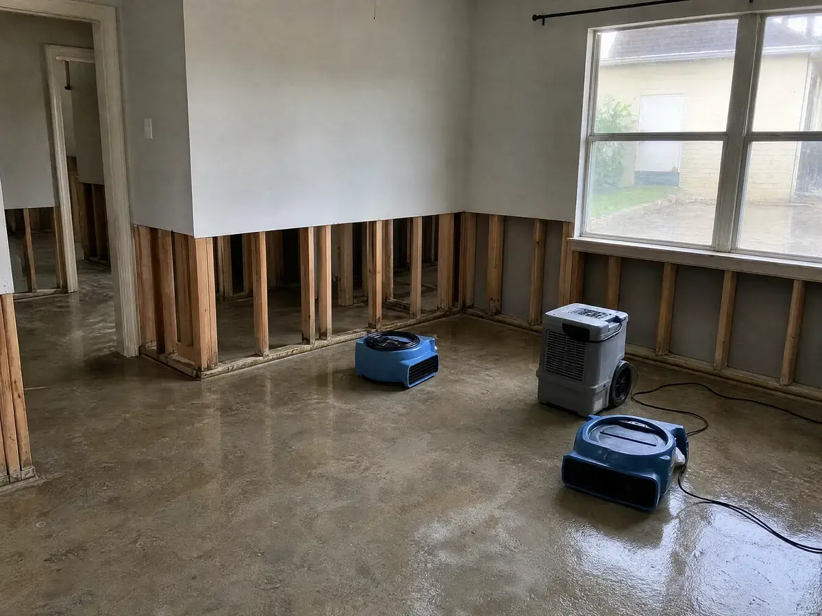 The same room washed back to clean slab, drywall cut in a straight line above the old flood mark, treated framing exposed and drying equipment running.