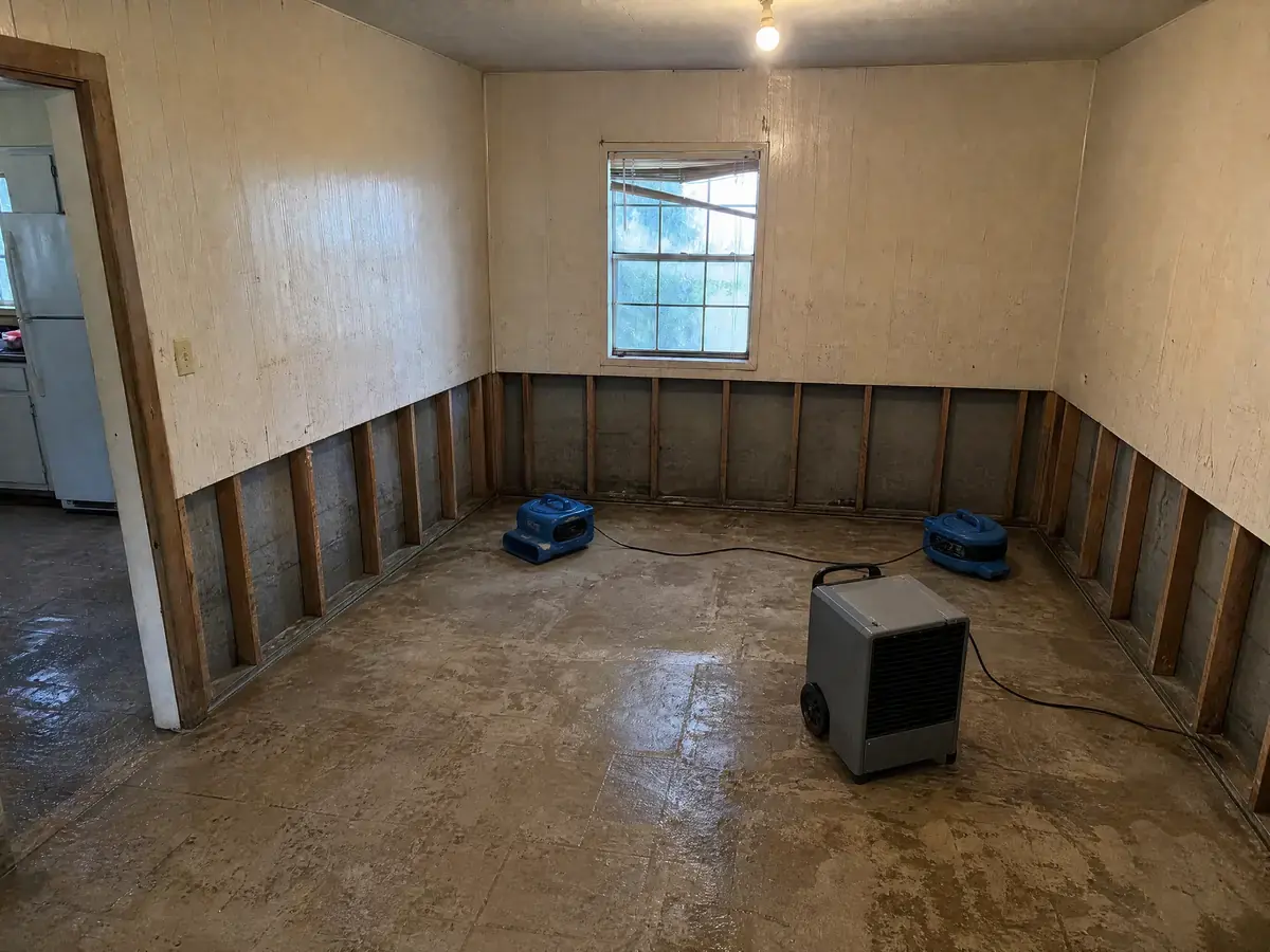 The same room stripped to clean bare subfloor with the lower wall panelling removed above the silt line and drying equipment running.