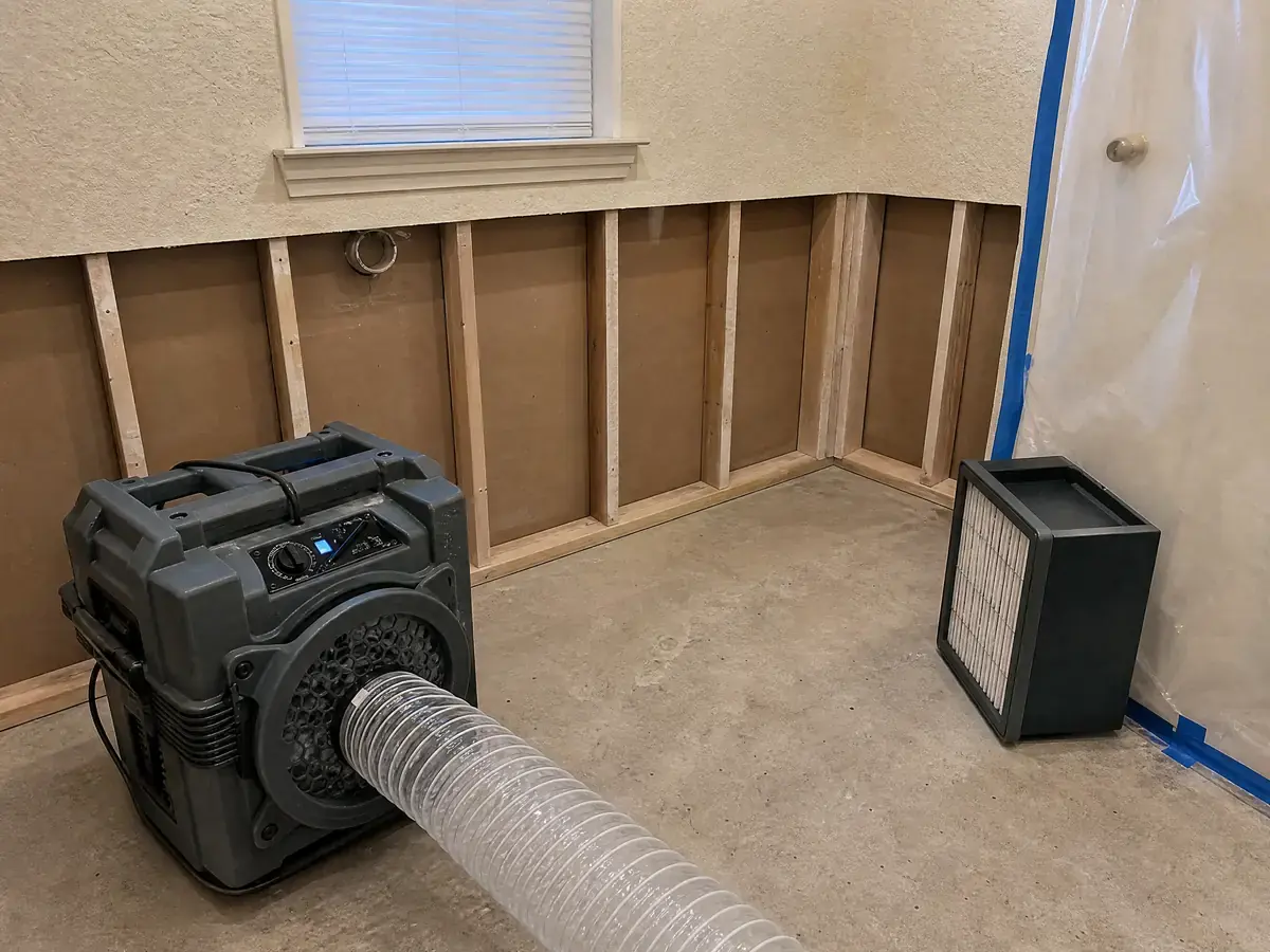 The same corner with affected drywall cut out above the growth line, treated framing exposed, containment sheeting taped at the doorway and an air scrubber running.