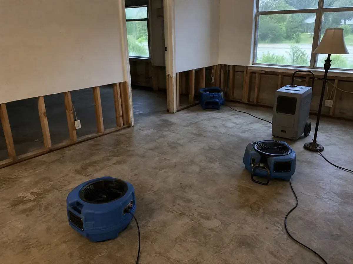 The same room cleaned back to bare slab with drywall cut above the old water line, treated studs exposed and three air movers with a dehumidifier running.