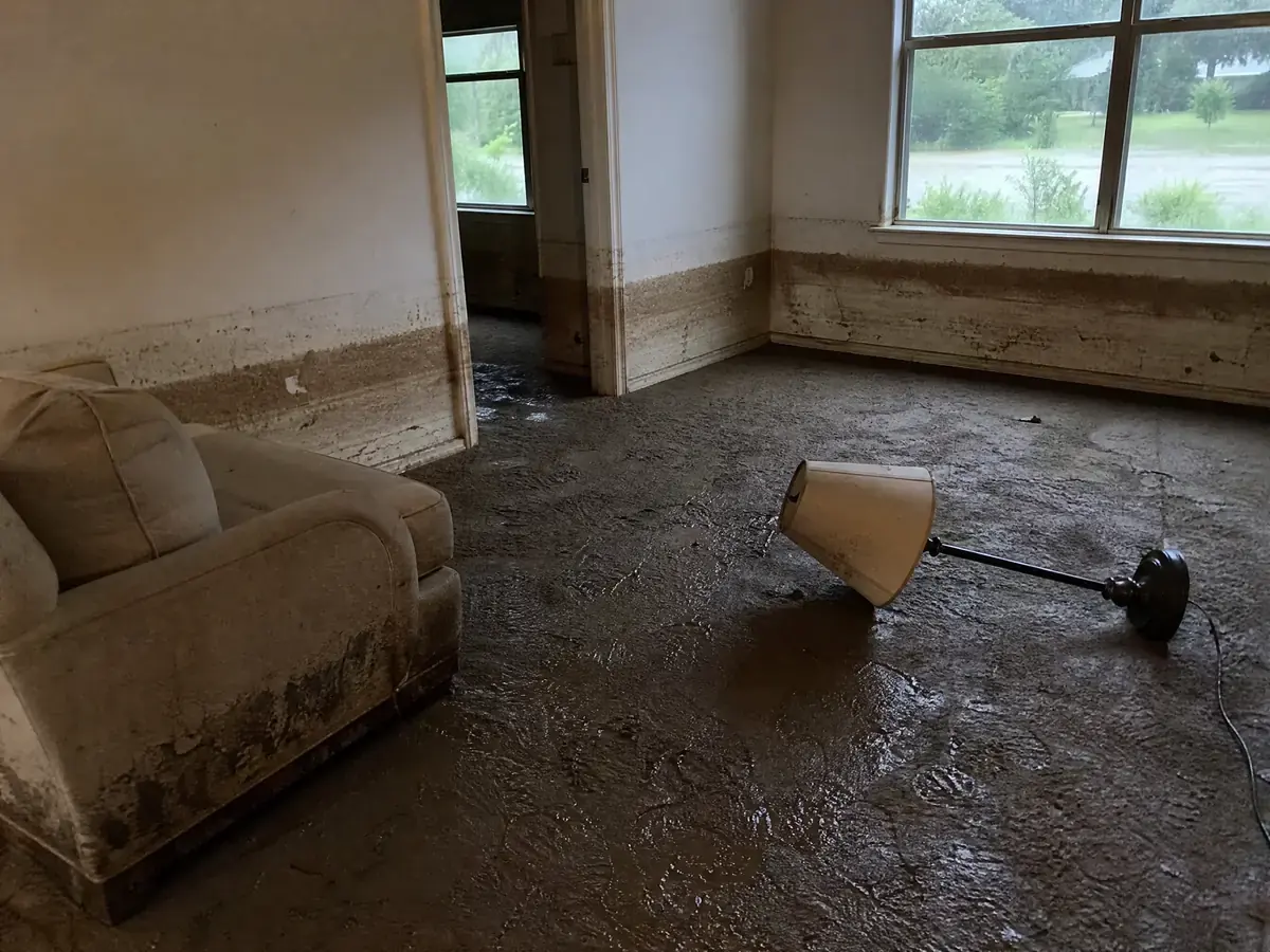 Family room on low ground after river water, with a muddy line two feet up the wall, saturated carpet, a stained armchair and silt across the floor.