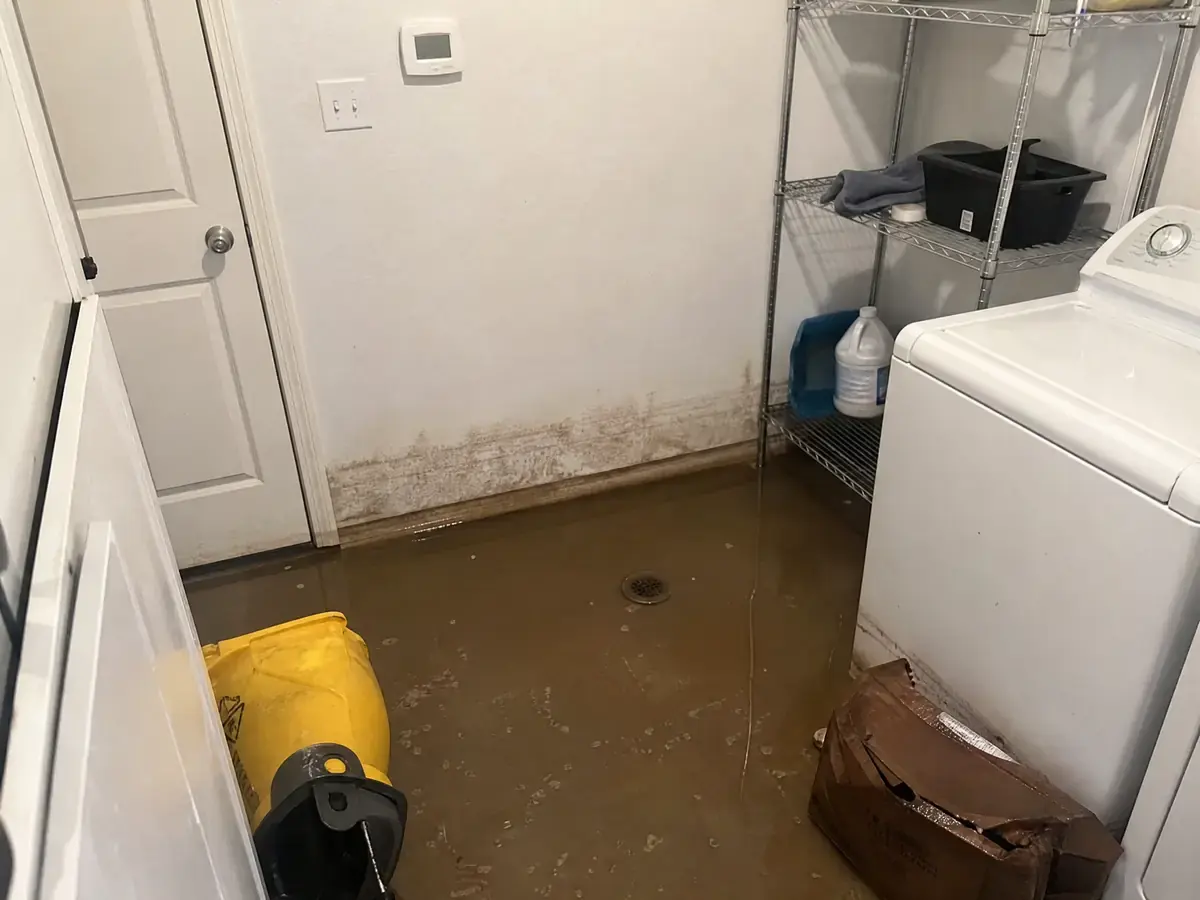 Utility room with an inch of murky brown sewage water across the floor, a dirty tide line on the drywall and a collapsing soaked cardboard box.