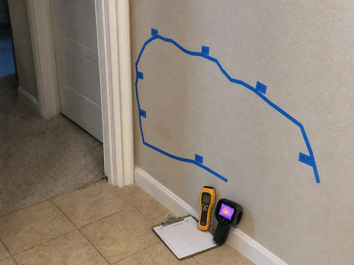 The same hallway wall with the real wet footprint outlined in blue painter's tape far beyond the stain, moisture readings written along it and a meter and thermal camera on the floor.