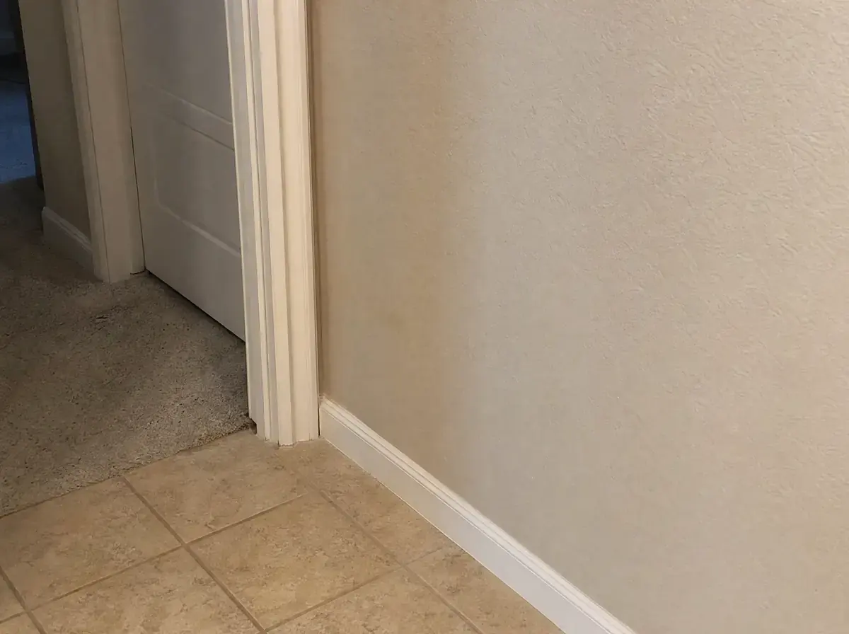 Ordinary hallway with a faint pale water stain about the size of a hand just above the baseboard, everything else dry and normal.